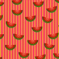 Summer fruit pattern: slices of watermelon with red pulp, green peel and black seeds are scattered chaotically